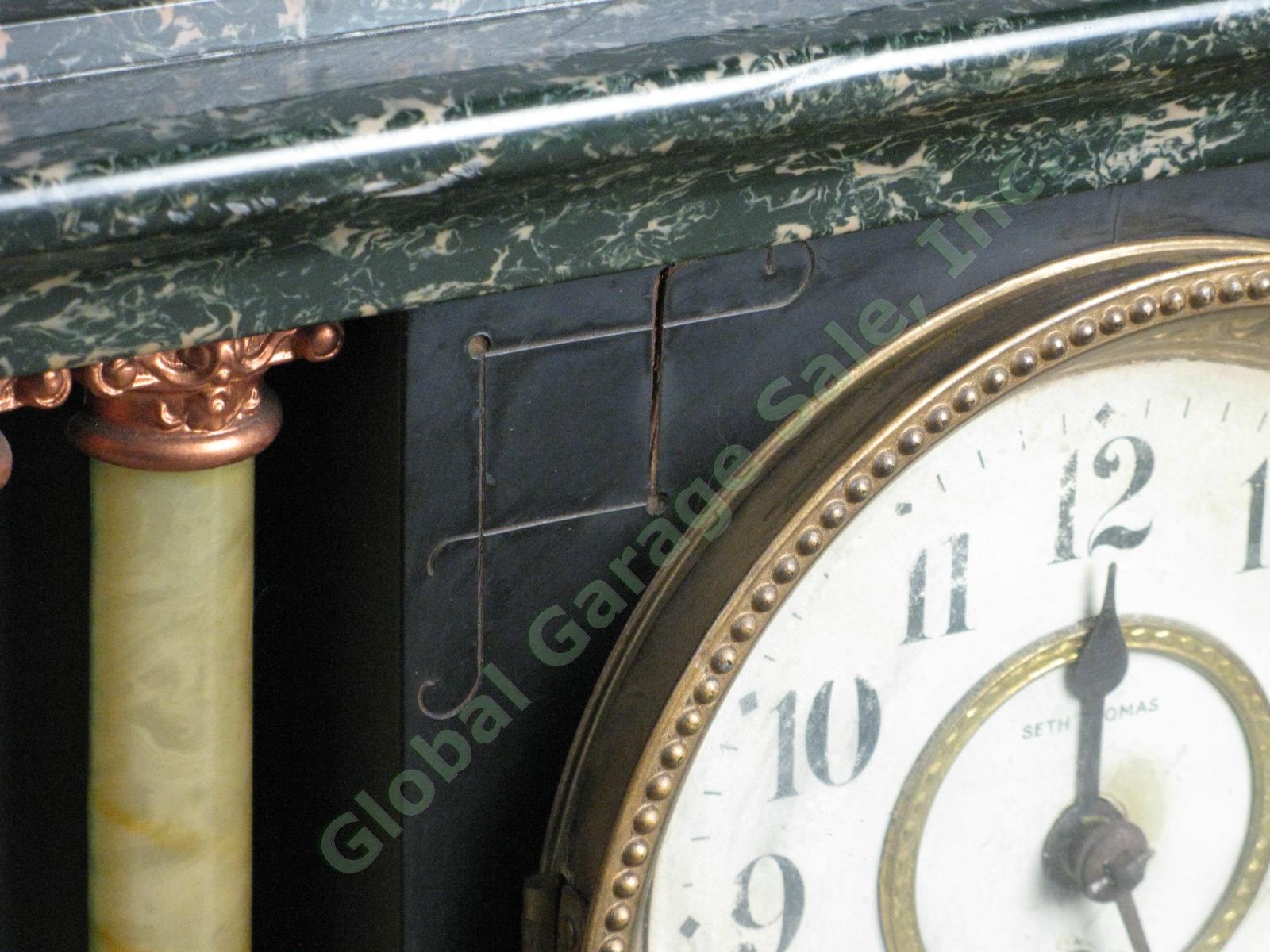 Antique Seth Thomas Green Adamantine 6-Column Mantle Clock 89C Bell Movement NR! 12