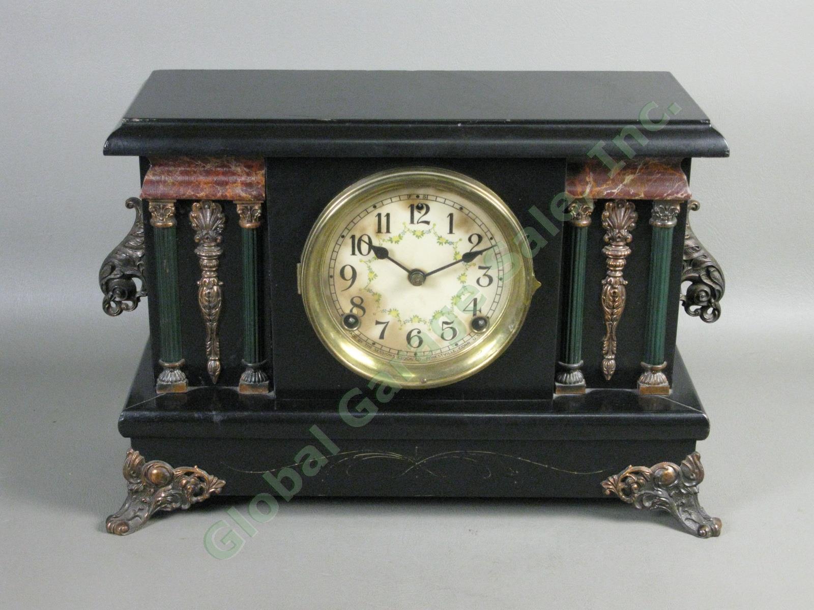 Vtg Antique Sessions 4 Column Mantle Clock Runs + Chimes! w/ Key + Pendulum NR!