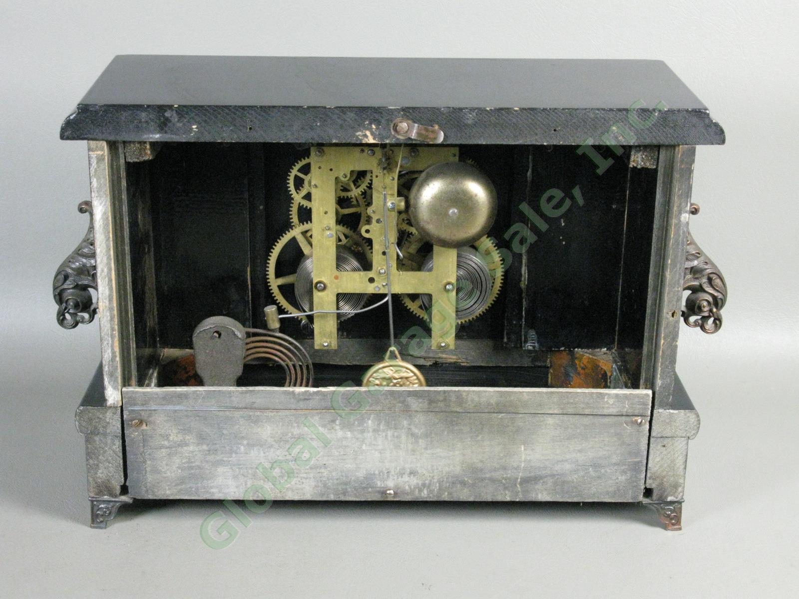 Vtg Antique Sessions 4 Column Mantle Clock Runs + Chimes! w/ Key + Pendulum NR! 7