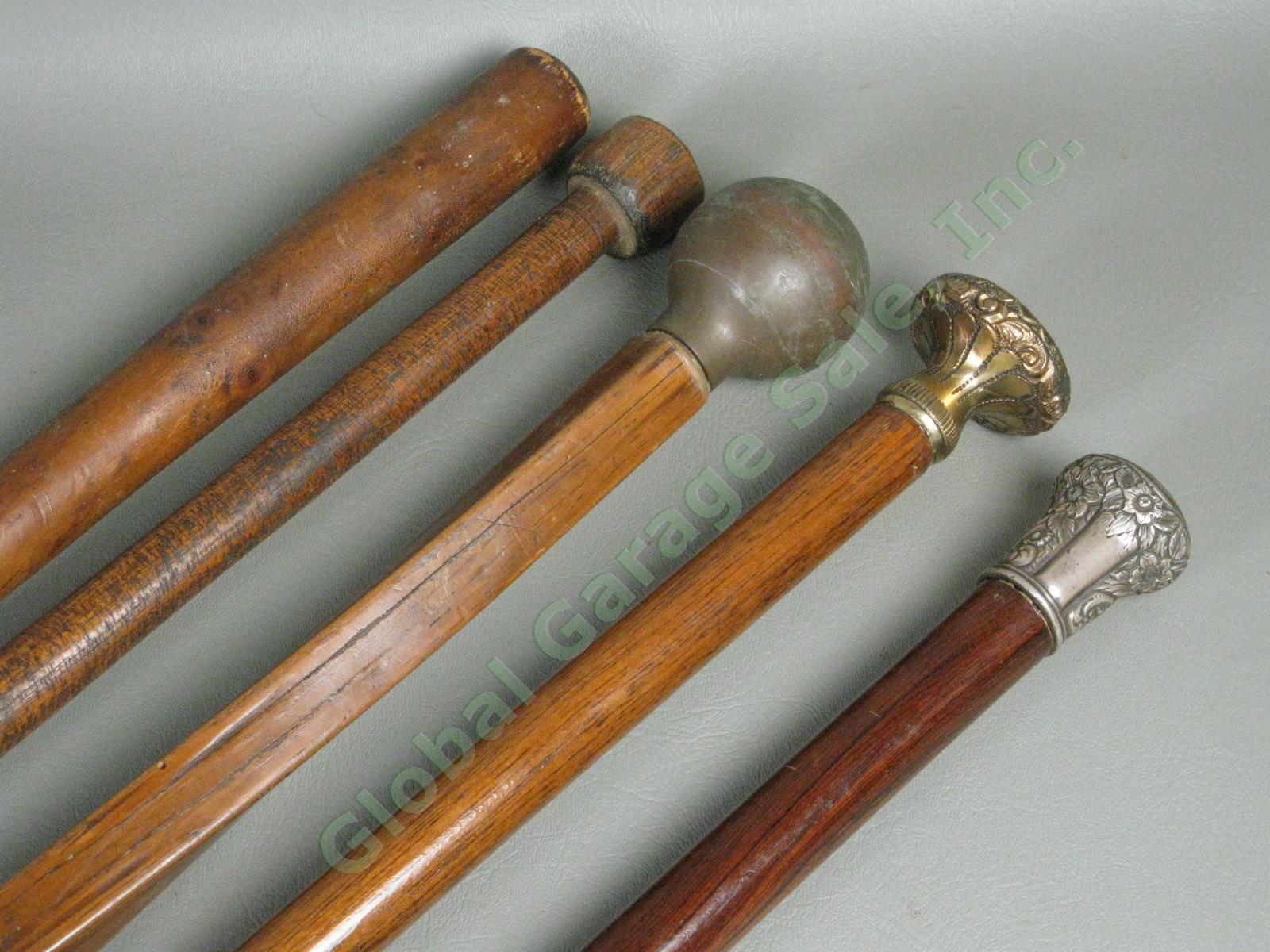 5 Vtg Antique Wooden Wood Canes Walking Sticks Lot Silver Brass Knobs Handles NR 1