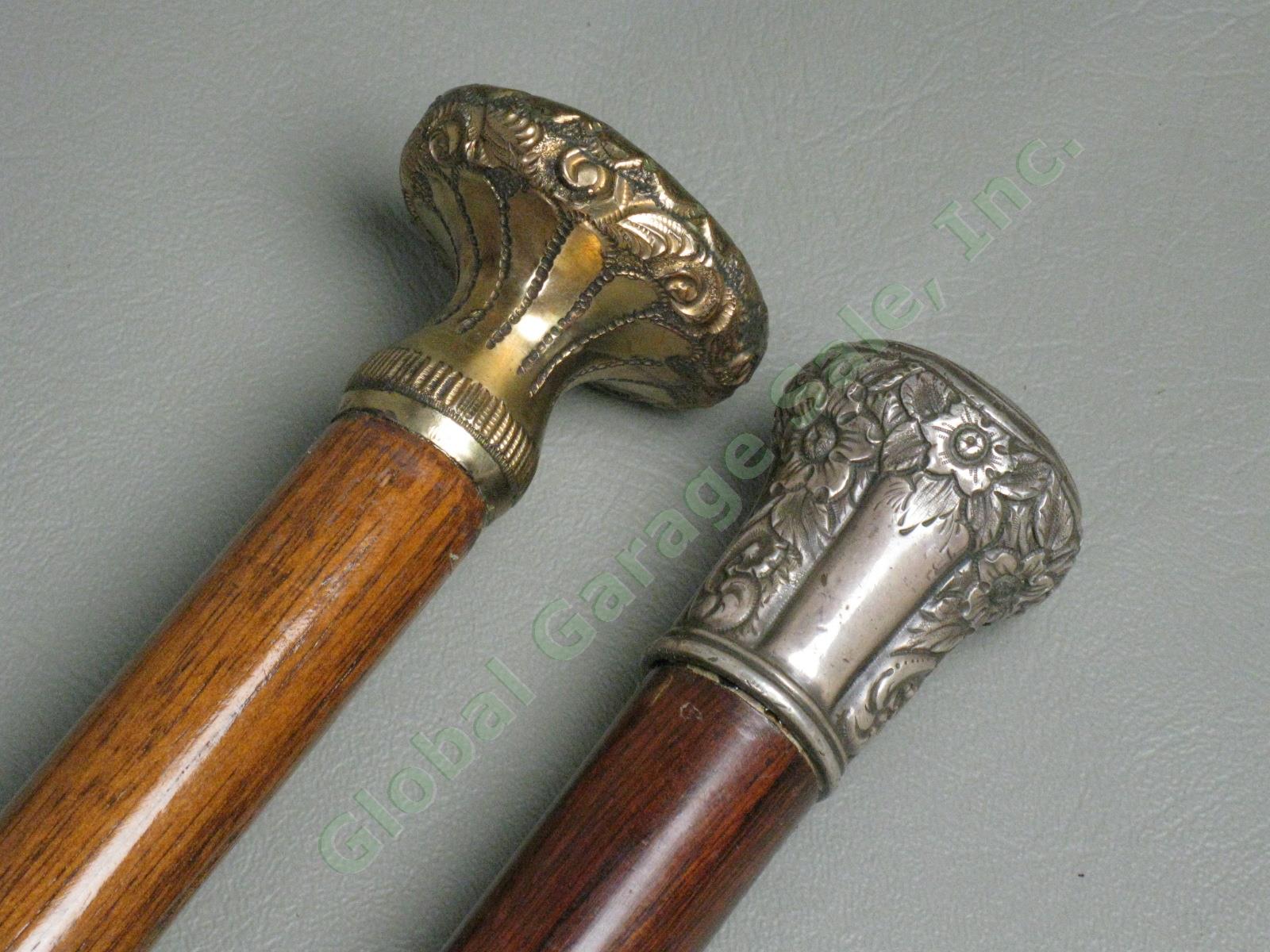 5 Vtg Antique Wooden Wood Canes Walking Sticks Lot Silver Brass Knobs Handles NR 2