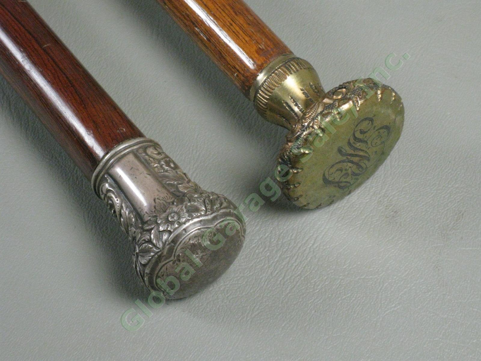 5 Vtg Antique Wooden Wood Canes Walking Sticks Lot Silver Brass Knobs Handles NR 3