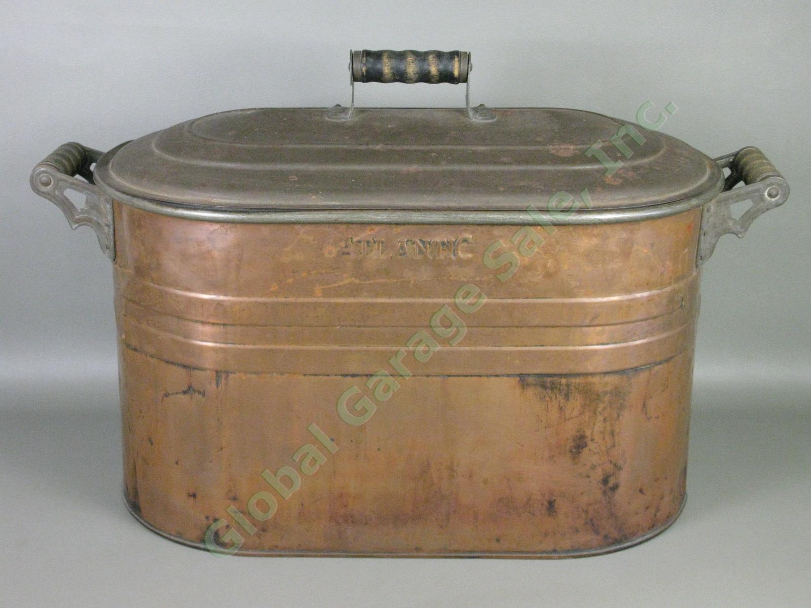 Vtg Antique Primitive Atlantic Copper Boiler Cooker Wash Tub w/Lid 27"x17"x13"