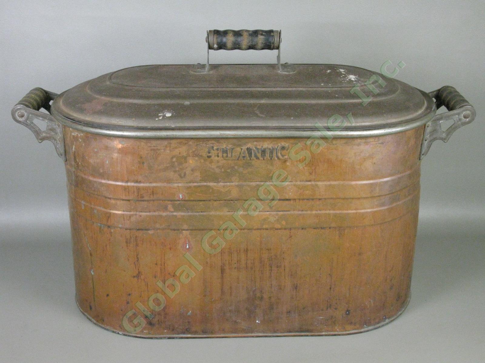 Vtg Antique Primitive Atlantic Copper Boiler Cooker Wash Tub w/Lid 27"x17"x13" 3