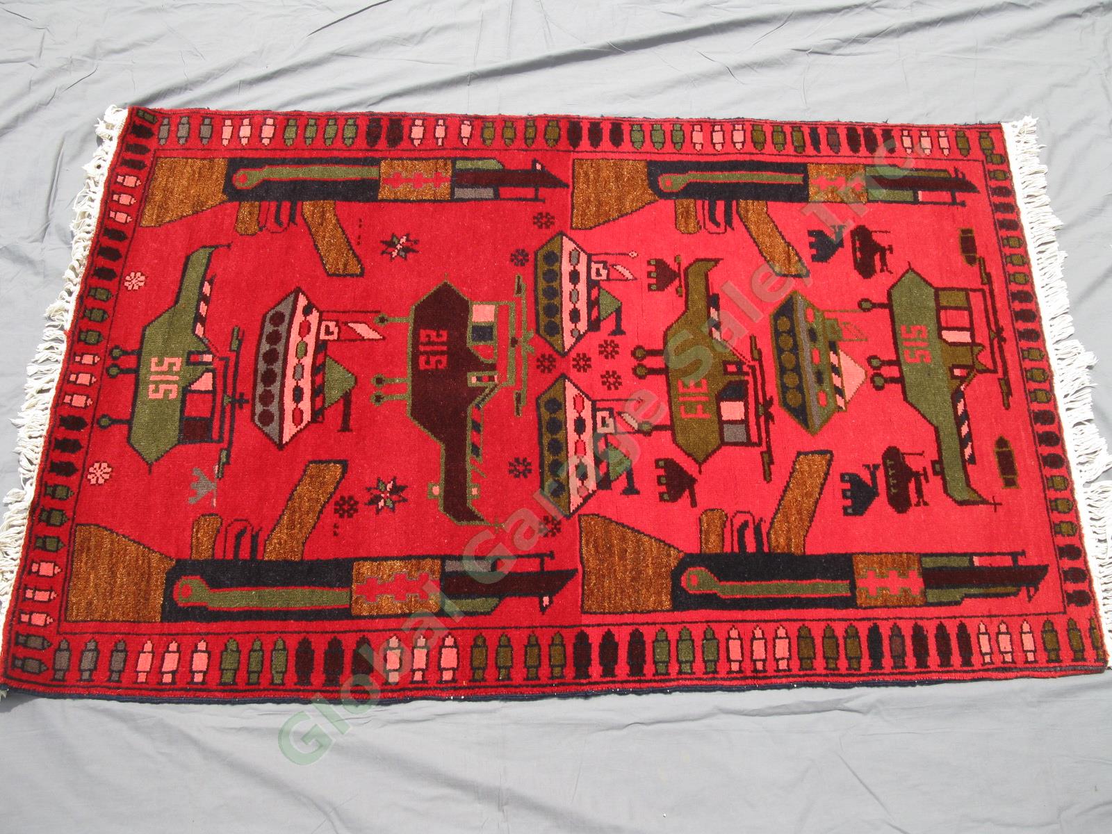 Authentic Afghan Tribal War Rug Circa 2007 Tanks Helicopters AK-47 38.5"x60" NR