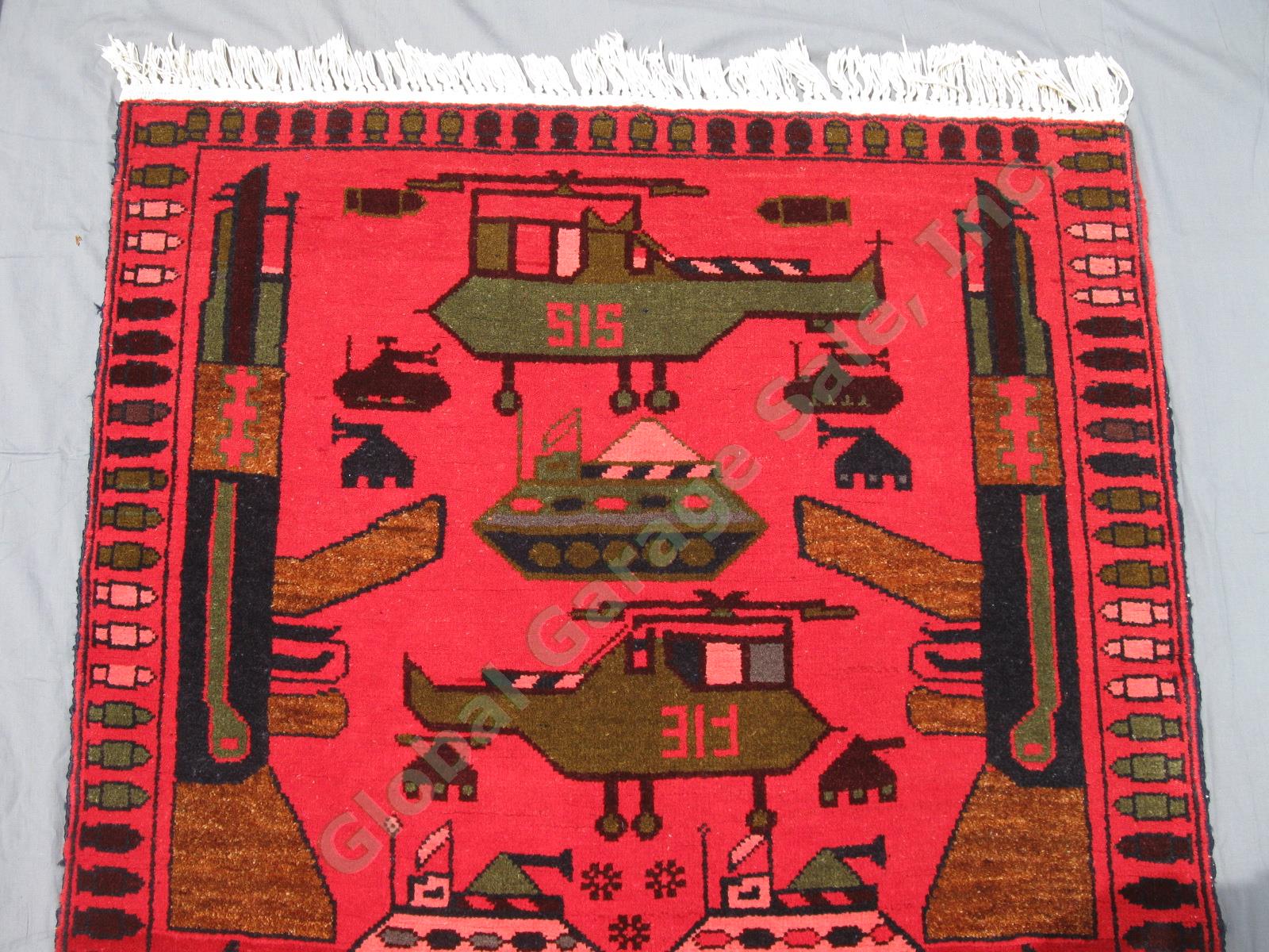 Authentic Afghan Tribal War Rug Circa 2007 Tanks Helicopters AK-47 38.5"x60" NR 1