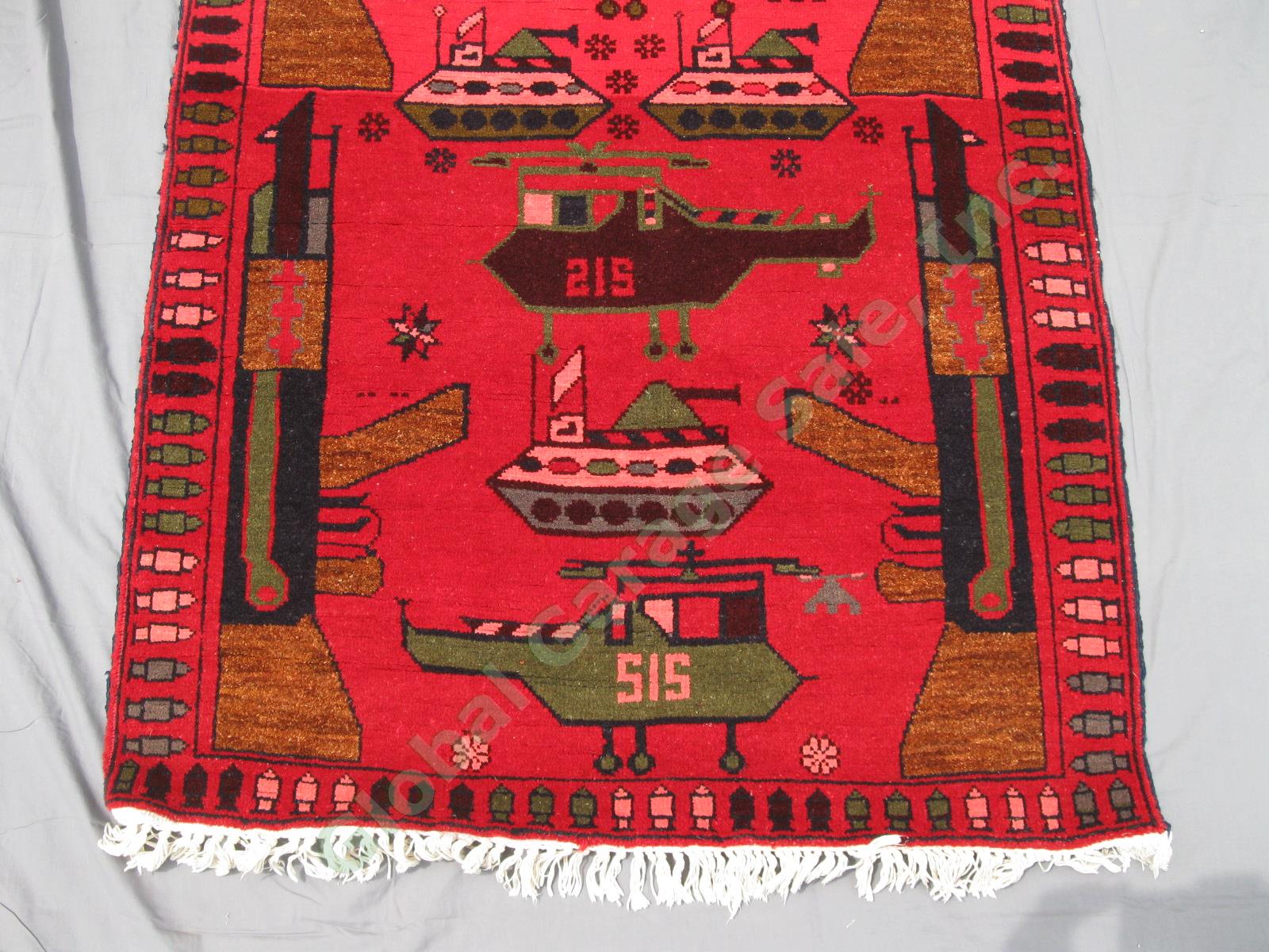 Authentic Afghan Tribal War Rug Circa 2007 Tanks Helicopters AK-47 38.5"x60" NR 2