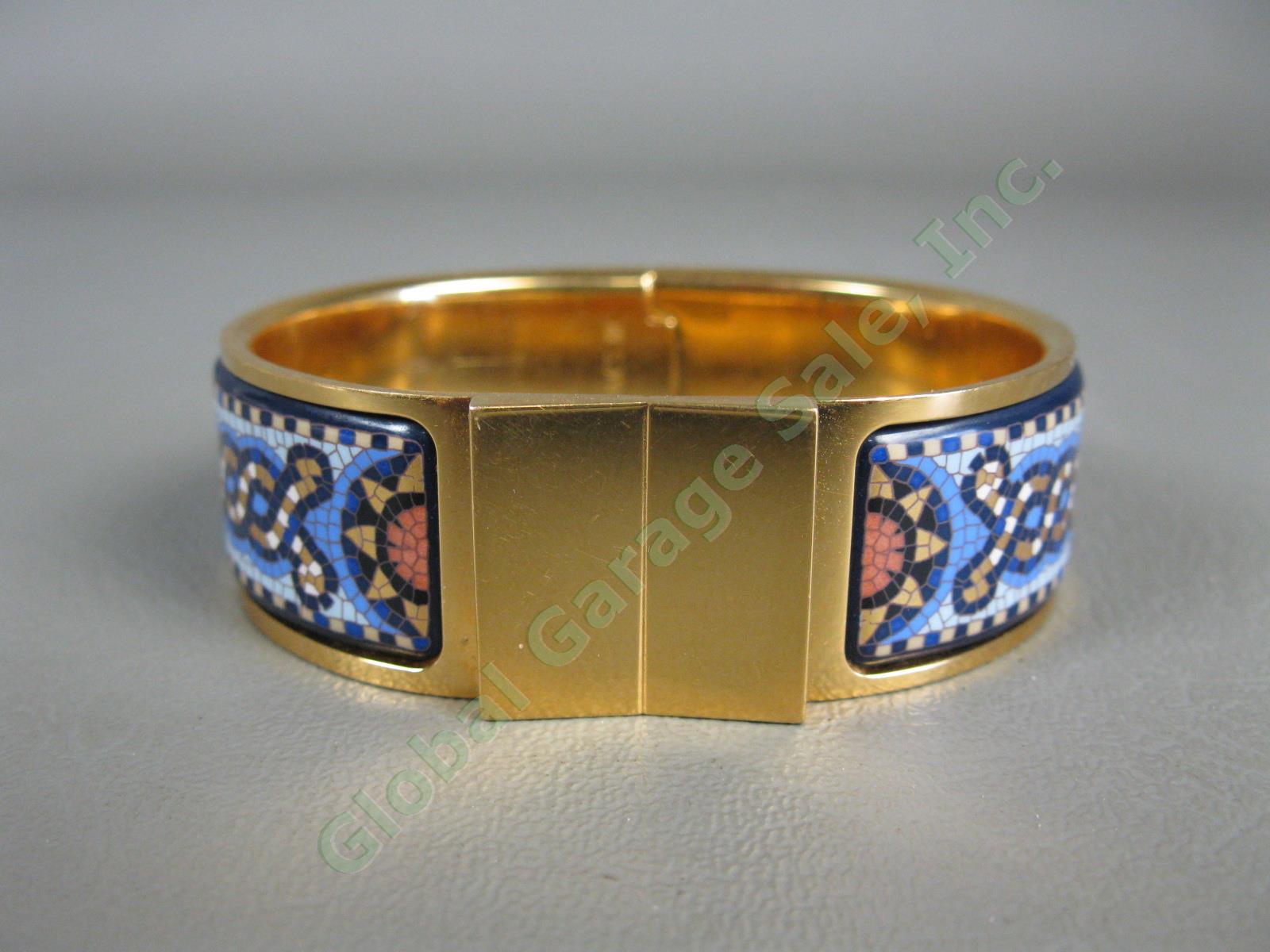 Authentic Hermes Gold Enamel Sun Mosaic Tile Pattern Blue Cuff Bracelet NR