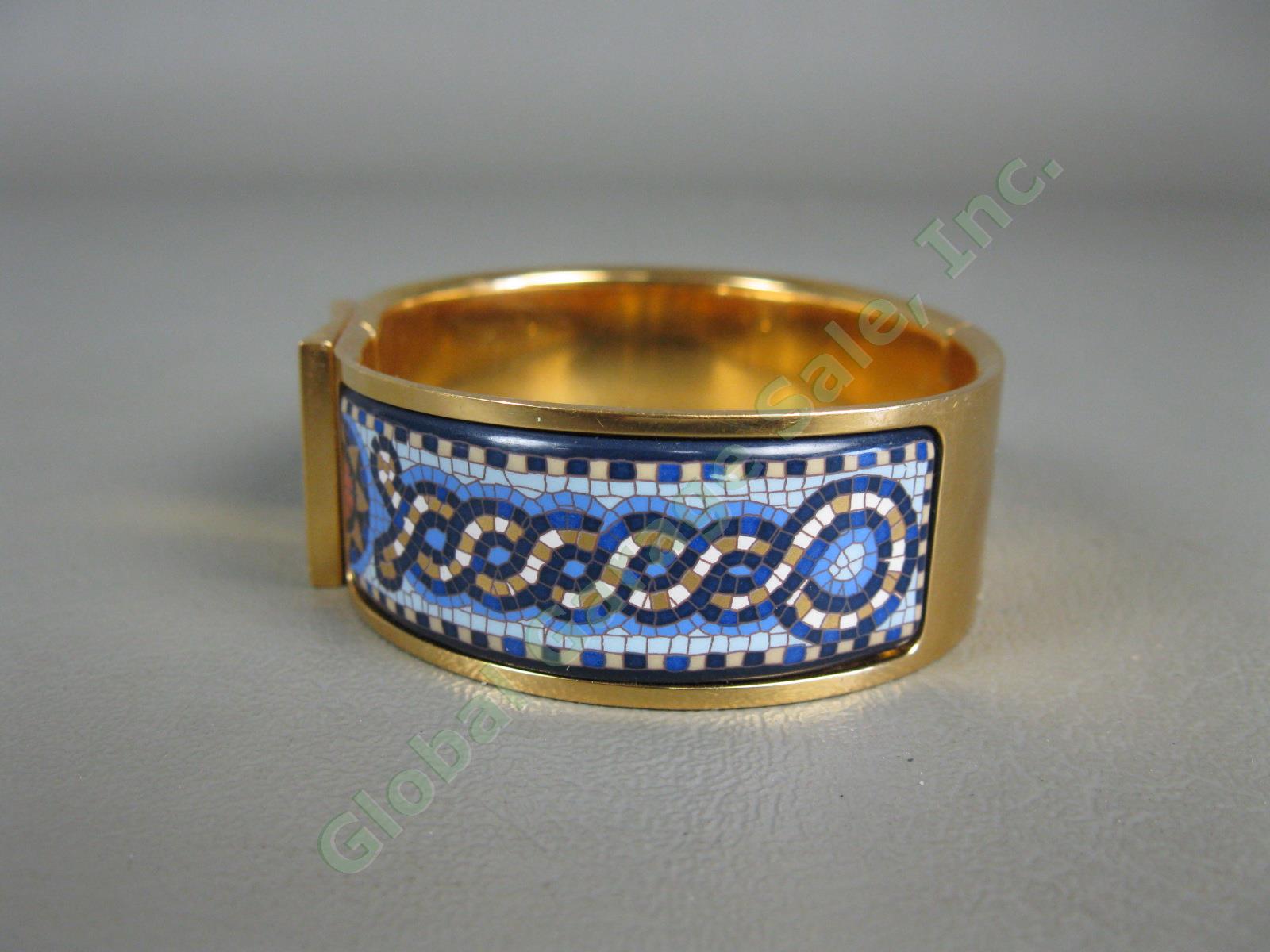 Authentic Hermes Gold Enamel Sun Mosaic Tile Pattern Blue Cuff Bracelet NR 1