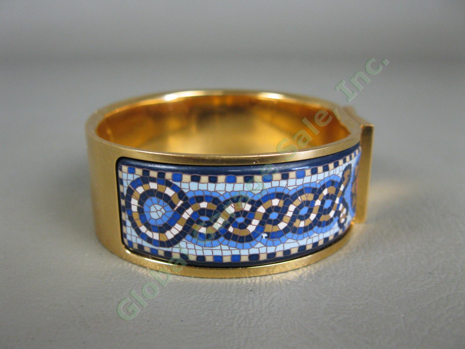 Authentic Hermes Gold Enamel Sun Mosaic Tile Pattern Blue Cuff Bracelet NR 2