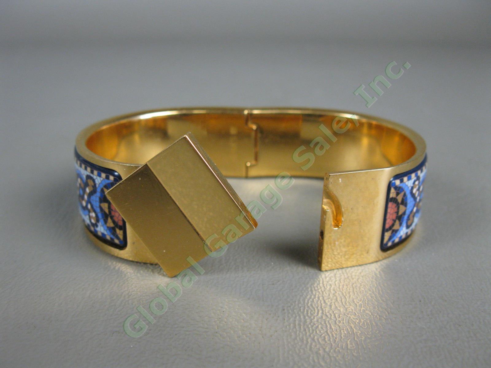 Authentic Hermes Gold Enamel Sun Mosaic Tile Pattern Blue Cuff Bracelet NR 4