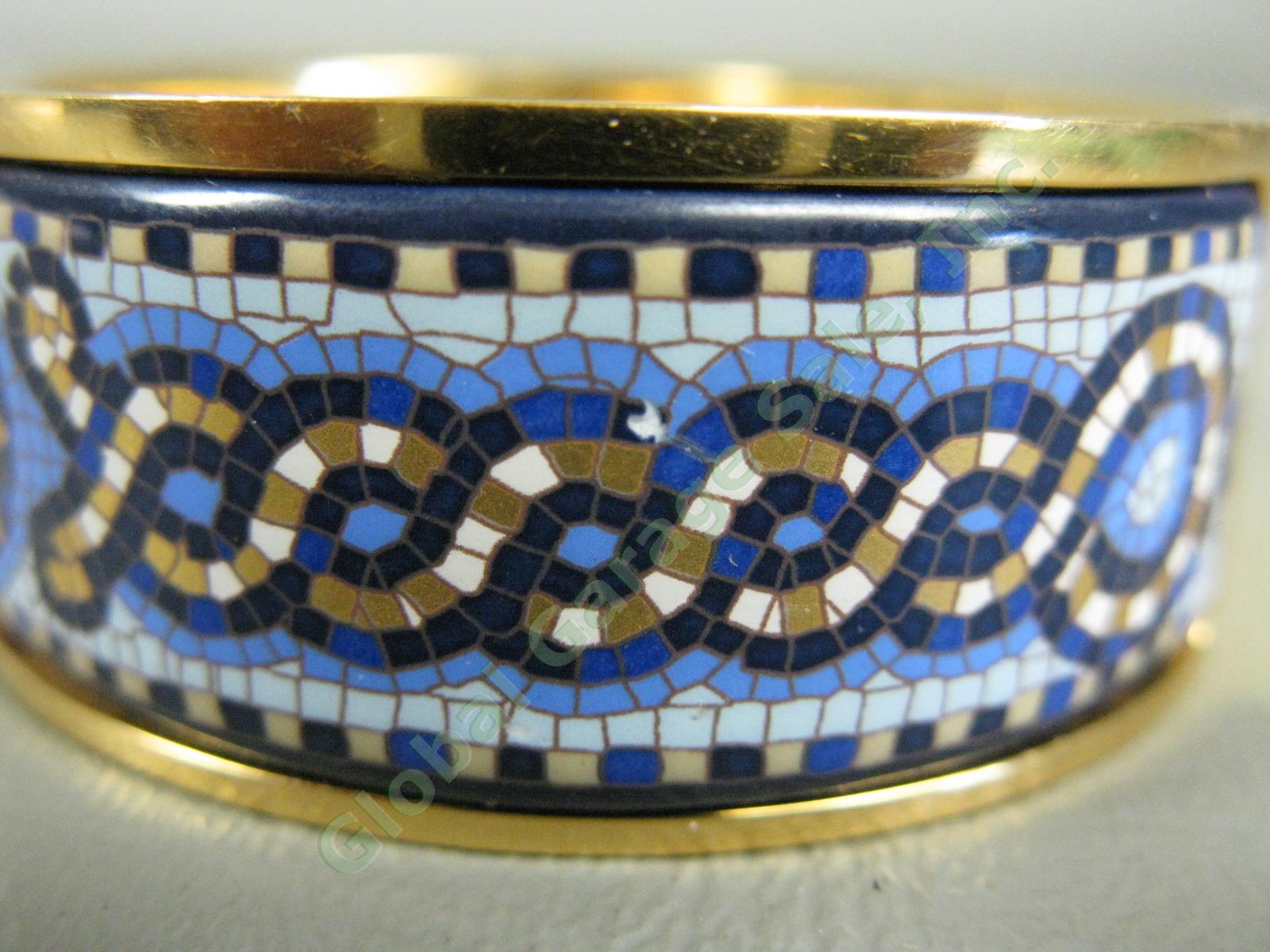Authentic Hermes Gold Enamel Sun Mosaic Tile Pattern Blue Cuff Bracelet NR 7