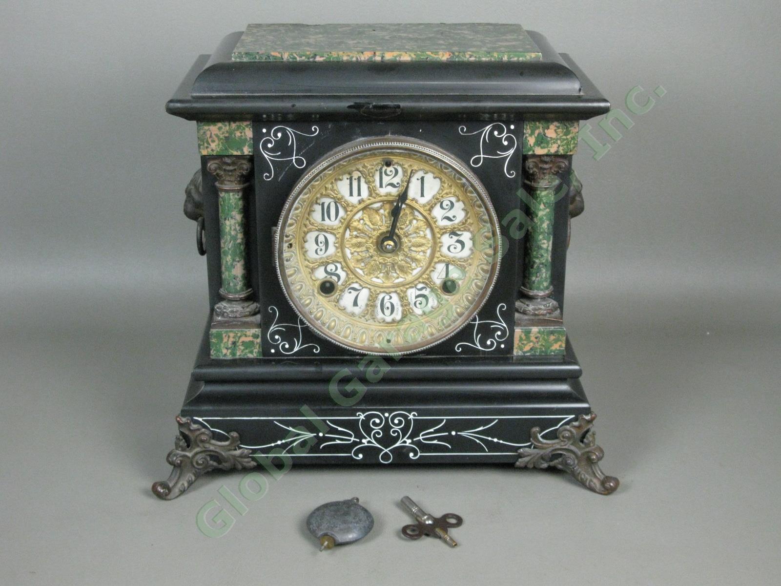 Rare Antique Seth Thomas Green Adamantine Mantle Pendulum Clock 3 5/8 Movement