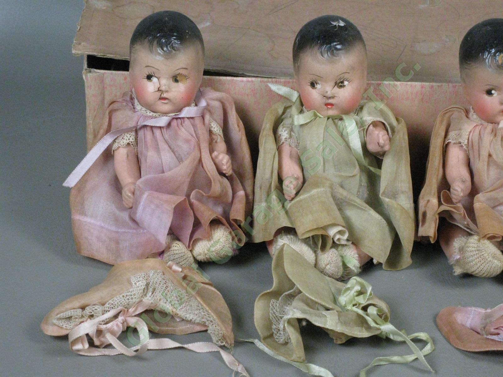 Antique 1930s Dionne Quintuplets 6" Jointed Composition Dolls Set Box + Clothes 1