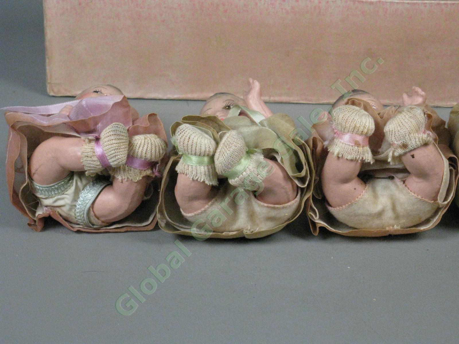 Antique 1930s Dionne Quintuplets 6" Jointed Composition Dolls Set Box + Clothes 9