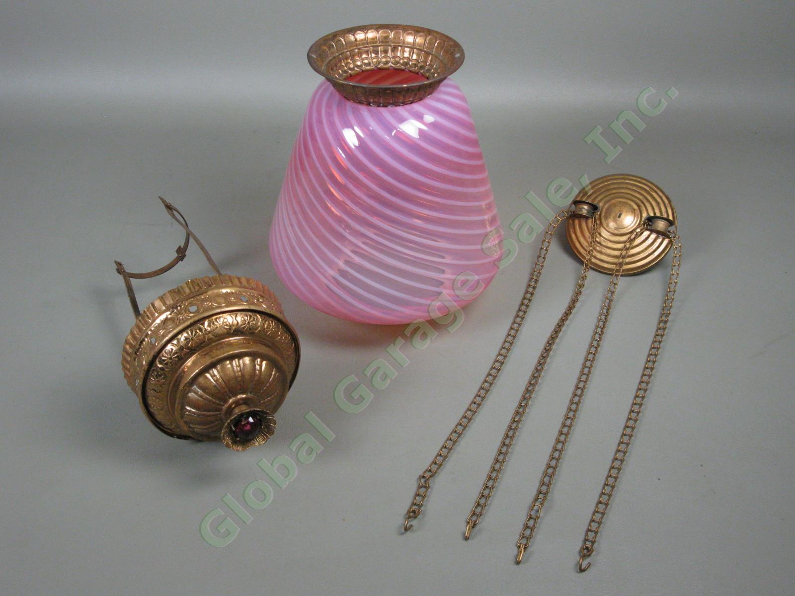 Antique Pink Optic Swirl Opalescent Cranberry Glass Hanging Oil Kerosene Lamp NR