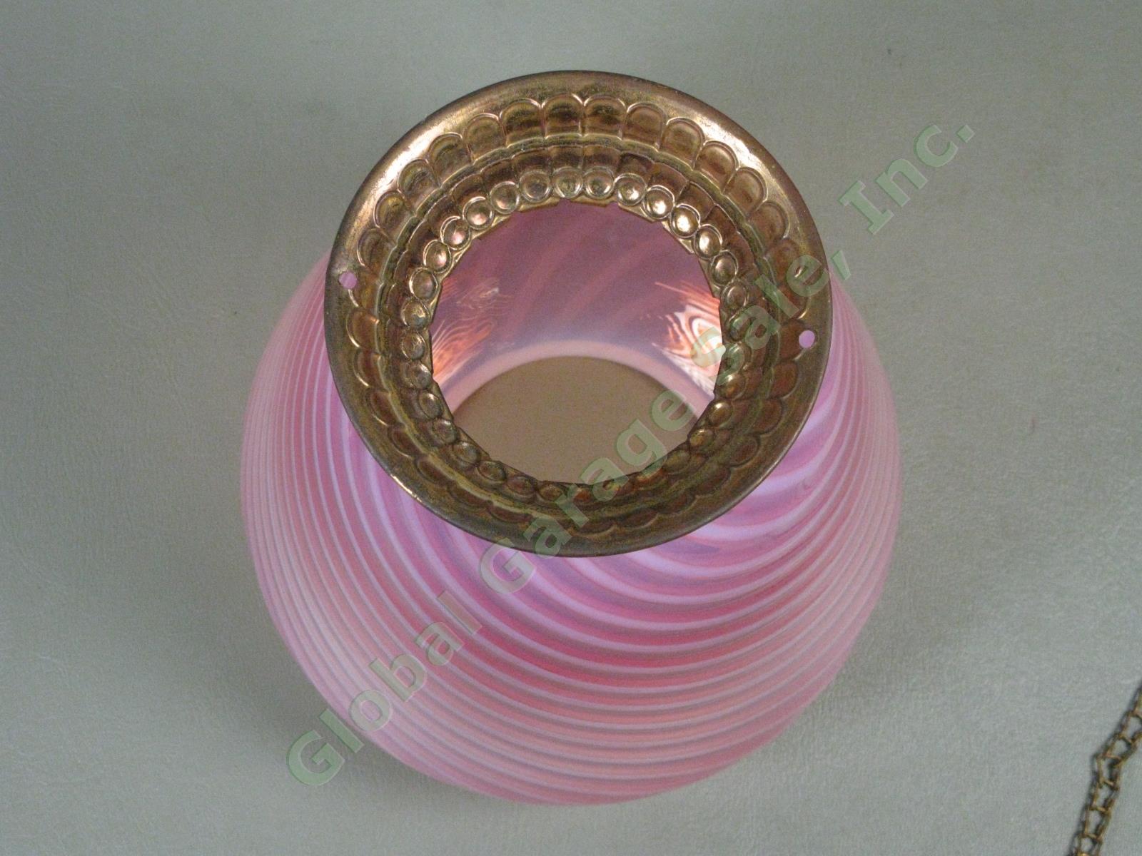 Antique Pink Optic Swirl Opalescent Cranberry Glass Hanging Oil Kerosene Lamp NR 2