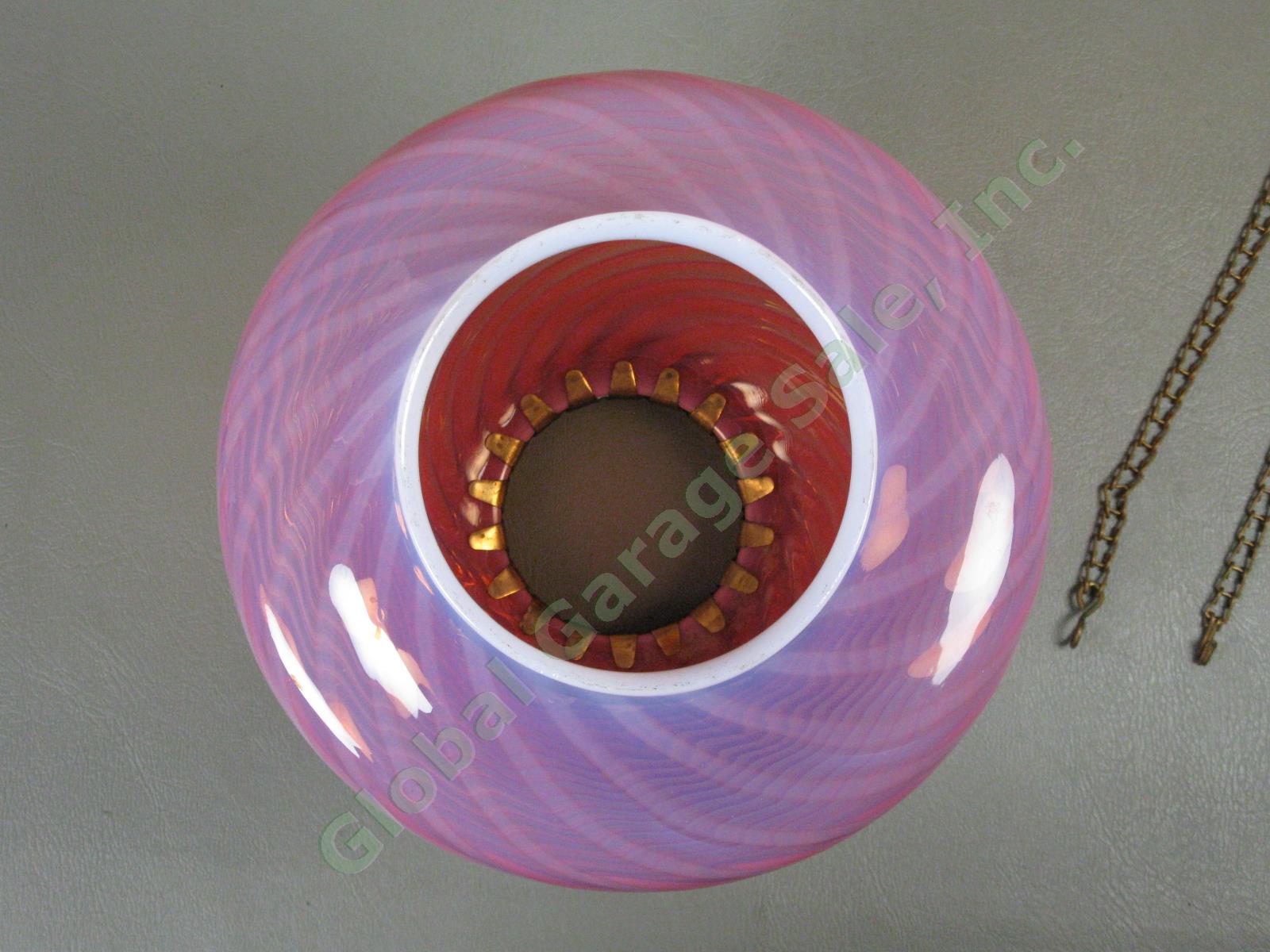 Antique Pink Optic Swirl Opalescent Cranberry Glass Hanging Oil Kerosene Lamp NR 4
