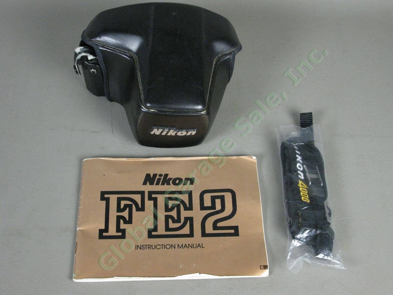 Nikon FE2 35mm Camera Nikkor 50mm f/1.8 Lens Case Manual Promaster Flash Bundle 9