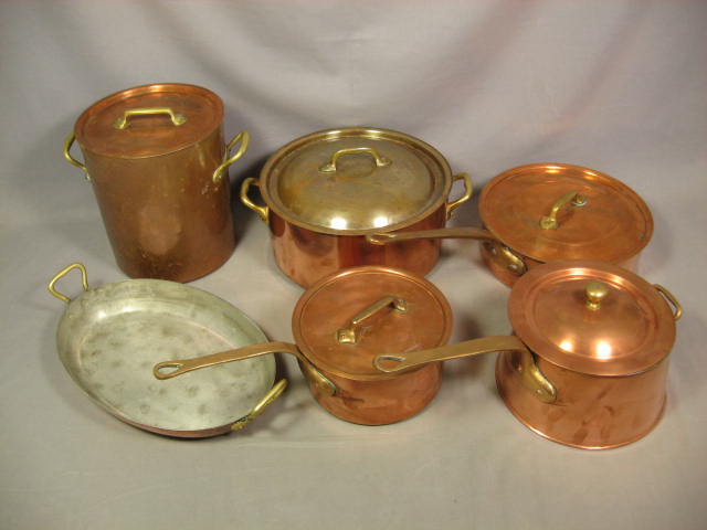 6 Vintage Copper Cookware Pot Pan Collection Set Lot NR