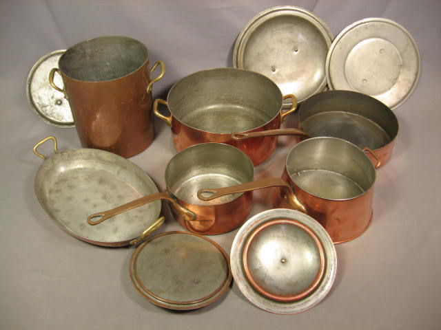 6 Vintage Copper Cookware Pot Pan Collection Set Lot NR 1