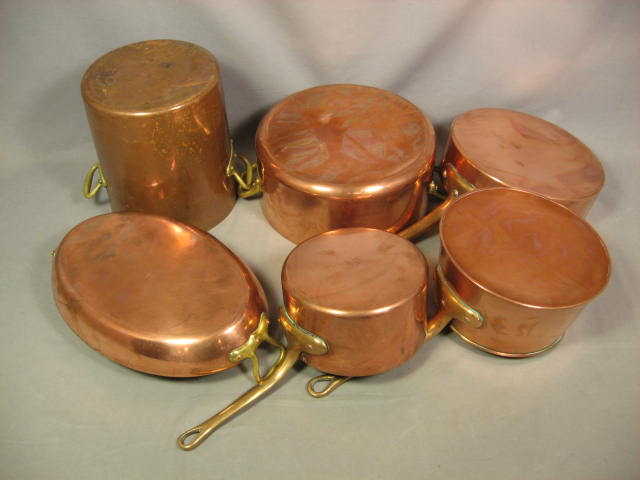 6 Vintage Copper Cookware Pot Pan Collection Set Lot NR 2