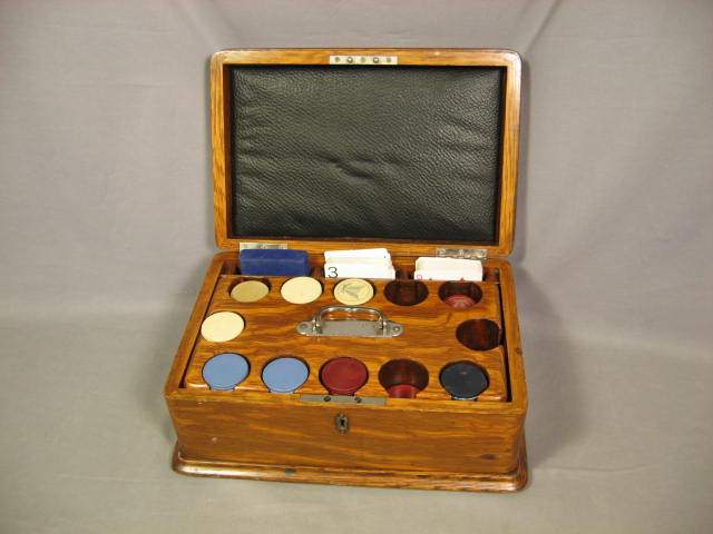 Antique Clay Poker Chip Set W/ Cards + Wooden Case NR 1