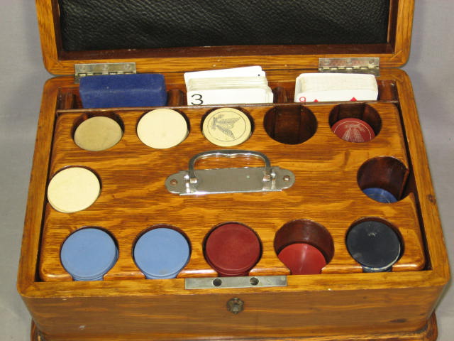 Antique Clay Poker Chip Set W/ Cards + Wooden Case NR 2