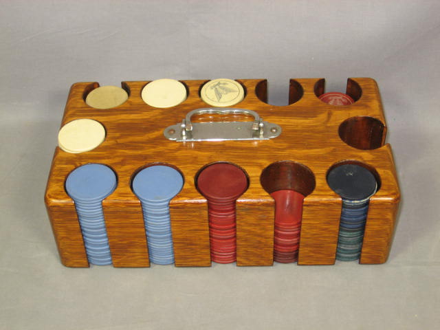 Antique Clay Poker Chip Set W/ Cards + Wooden Case NR 3