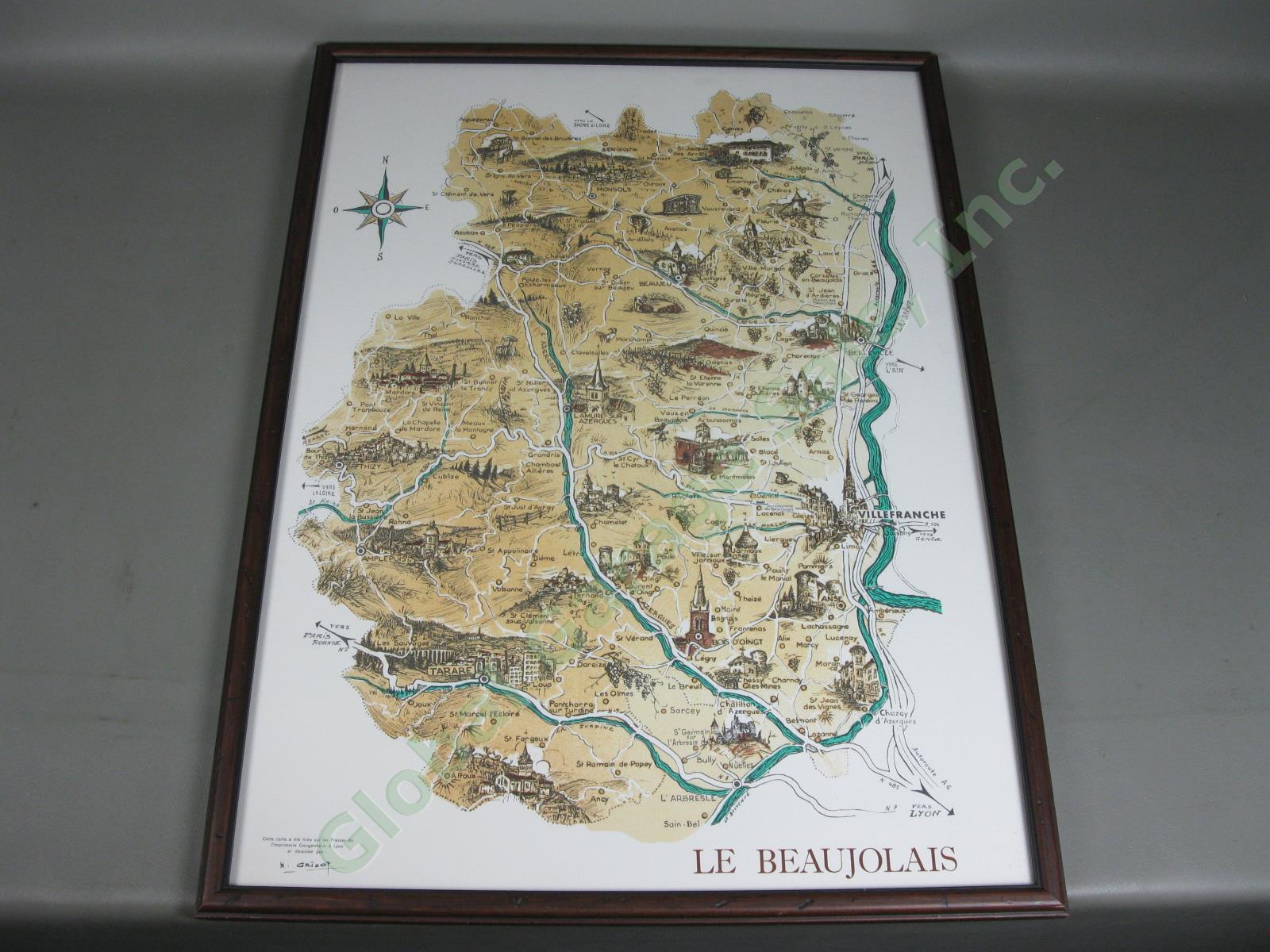 Vintage 1955 Henri Grisot Le Beaujolais French Pictorial Wine Region Map Framed