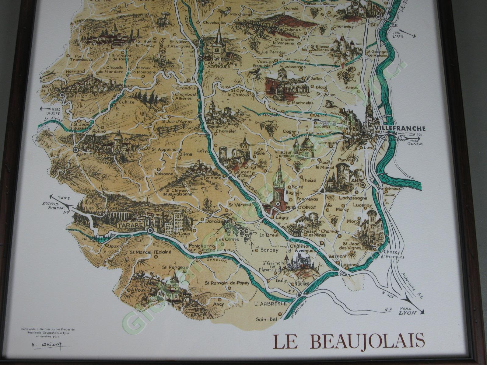 Vintage 1955 Henri Grisot Le Beaujolais French Pictorial Wine Region Map Framed 2