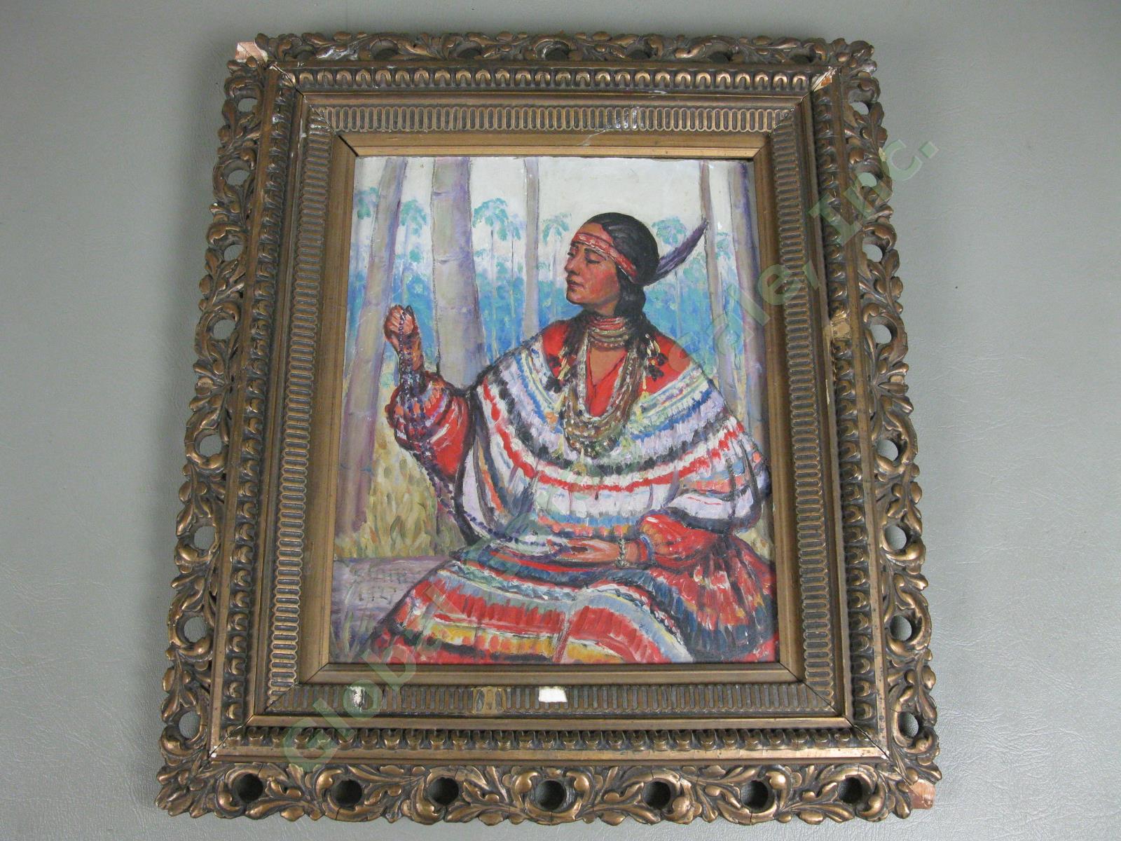 Antique 1927 Oil Painting Native American Woman w/ Jewelry Feather Headpiece NR