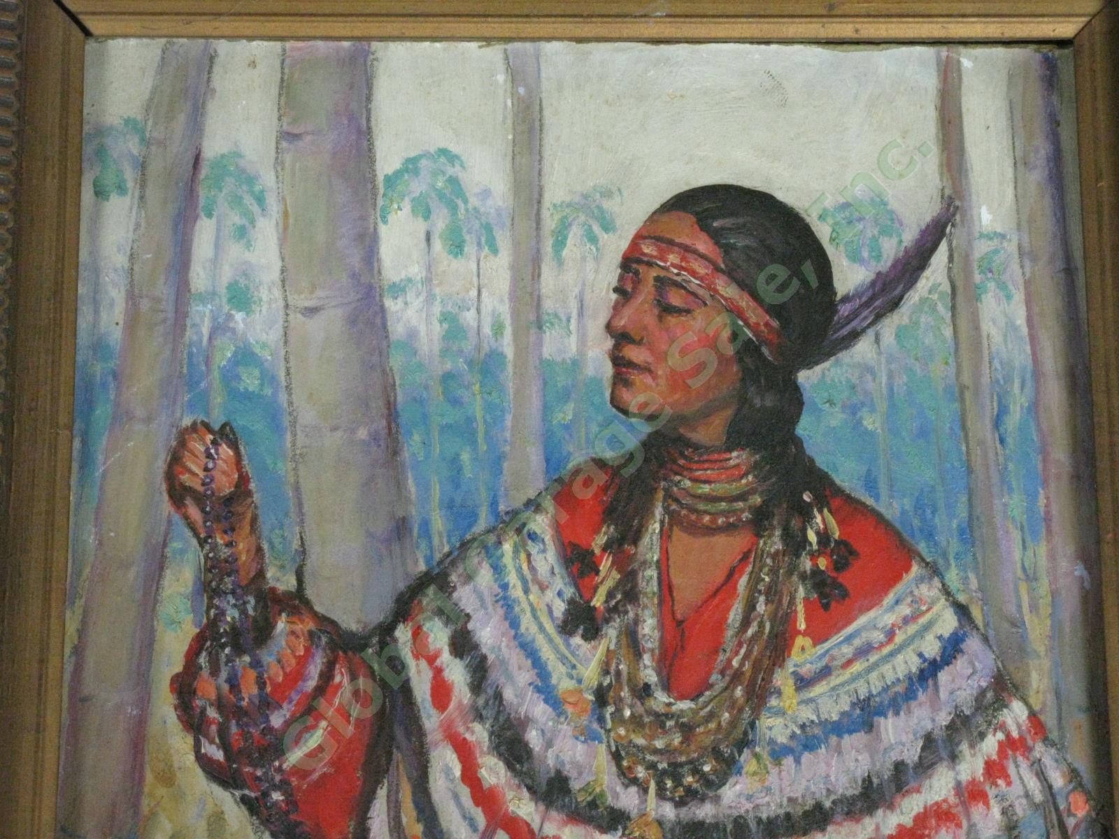Antique 1927 Oil Painting Native American Woman w/ Jewelry Feather Headpiece NR 1