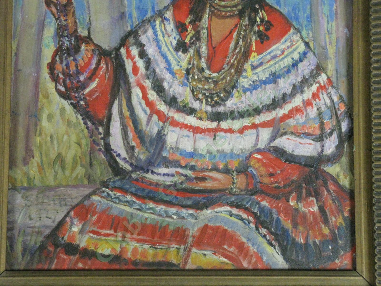 Antique 1927 Oil Painting Native American Woman w/ Jewelry Feather Headpiece NR 2