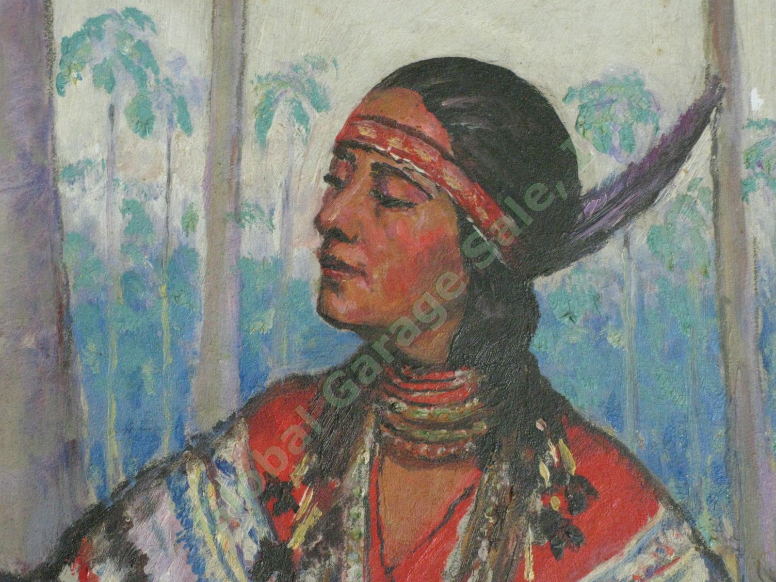 Antique 1927 Oil Painting Native American Woman w/ Jewelry Feather Headpiece NR 3
