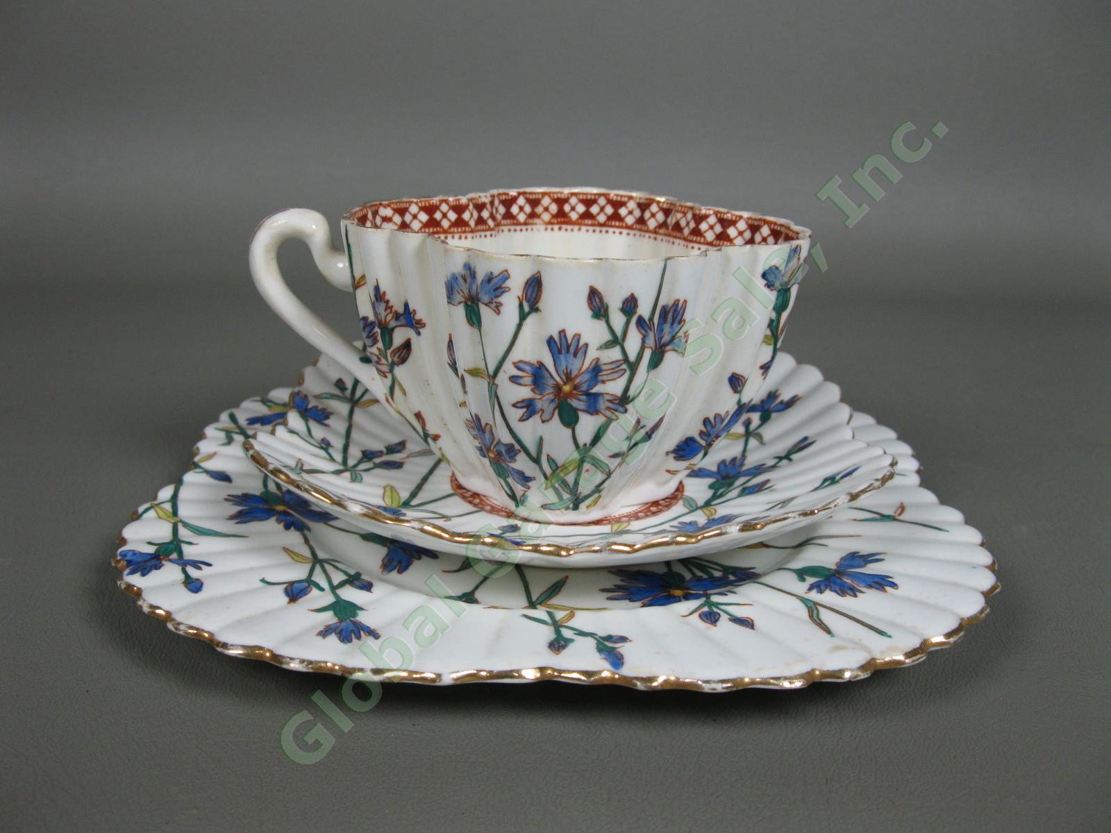 Antique Shelley Wileman Blue Cornflower Bone China Trio Tea Cup Saucer Plate Set 2