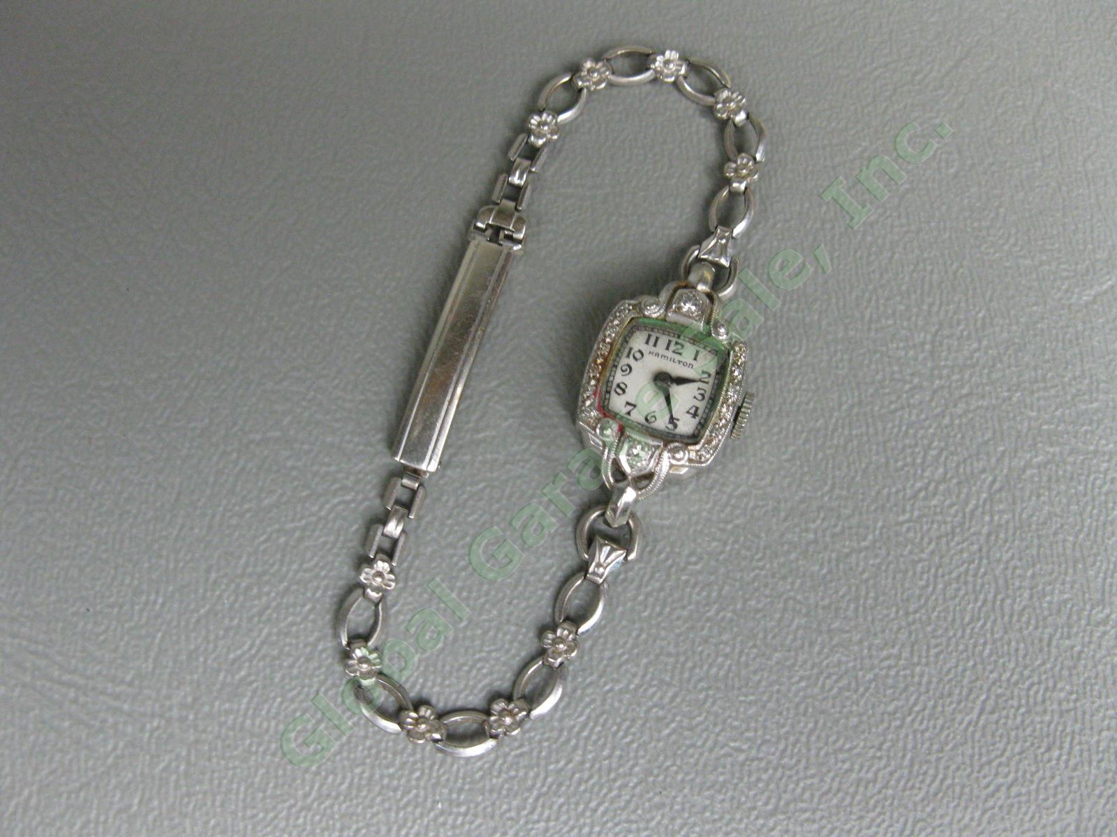 Antique Vintage Hamilton 14K White Gold Diamond Stud Analog Ladies Watch #911 NR