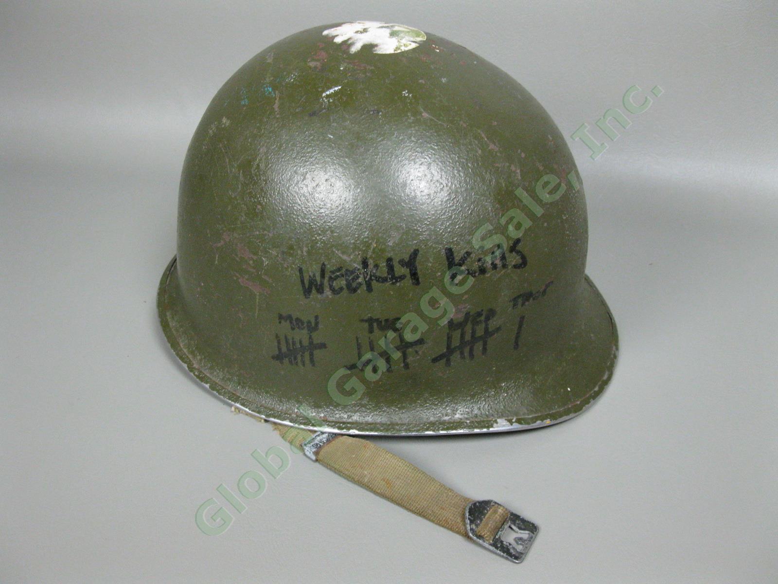 Vintage M1 Fixed Bale US Military Combat Helmet WWII Era Steel Bucket w/ Decal