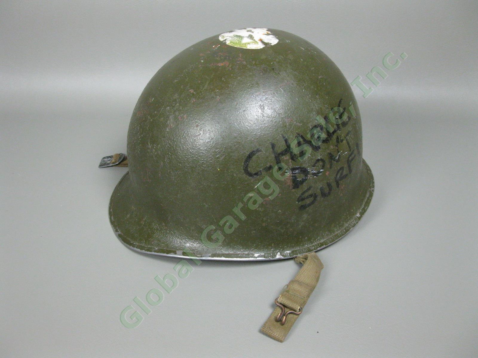 Vintage M1 Fixed Bale US Military Combat Helmet WWII Era Steel Bucket w/ Decal 1
