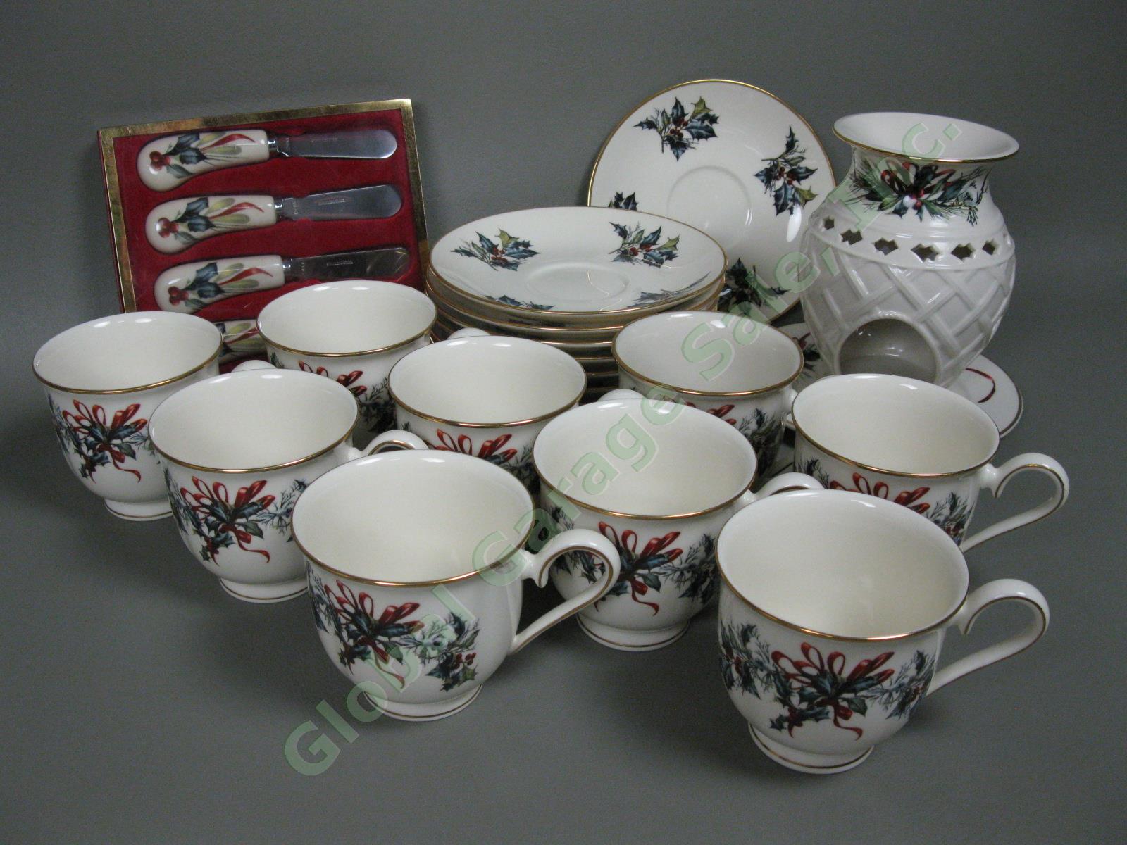 9 Lenox Winter Greetings Tea Cup Saucers + Fragrance Warmer & Spreader China Set