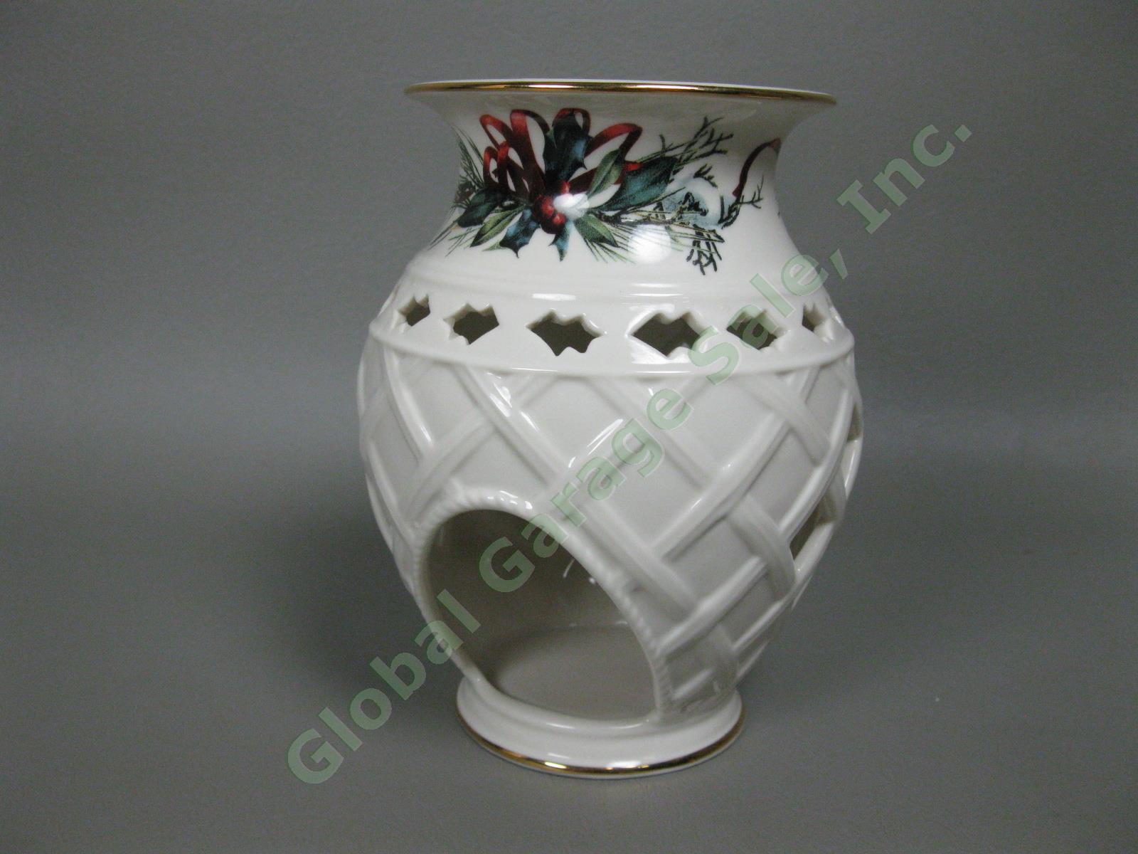 9 Lenox Winter Greetings Tea Cup Saucers + Fragrance Warmer & Spreader China Set 1