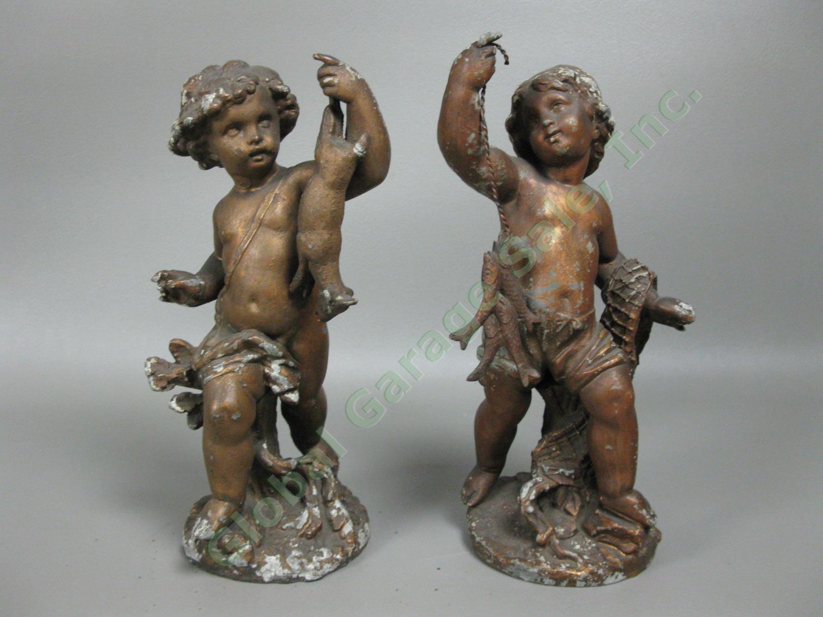 Italian Cherub Putti 9.5" Statue Figurine Pair Fishing Hunting Copper Painted NR