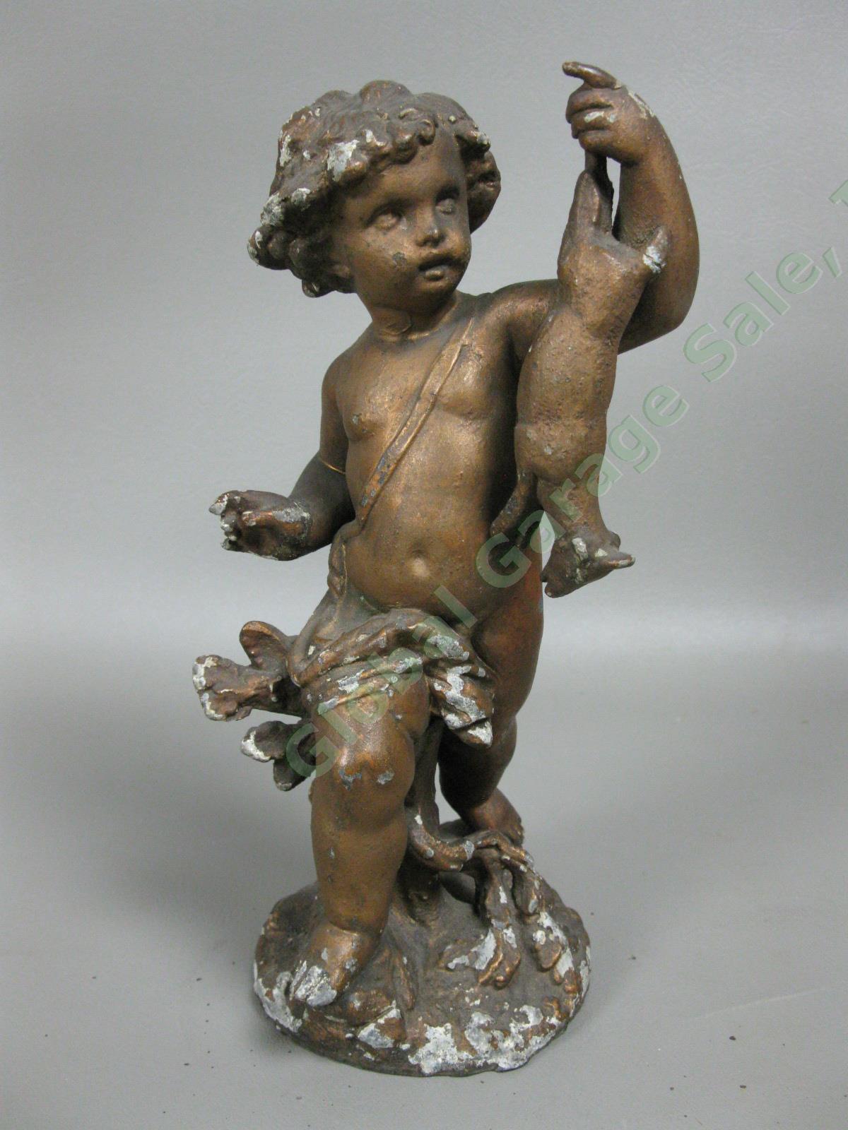 Italian Cherub Putti 9.5" Statue Figurine Pair Fishing Hunting Copper Painted NR 1