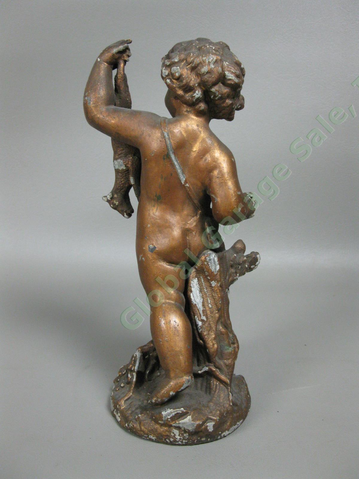 Italian Cherub Putti 9.5" Statue Figurine Pair Fishing Hunting Copper Painted NR 2
