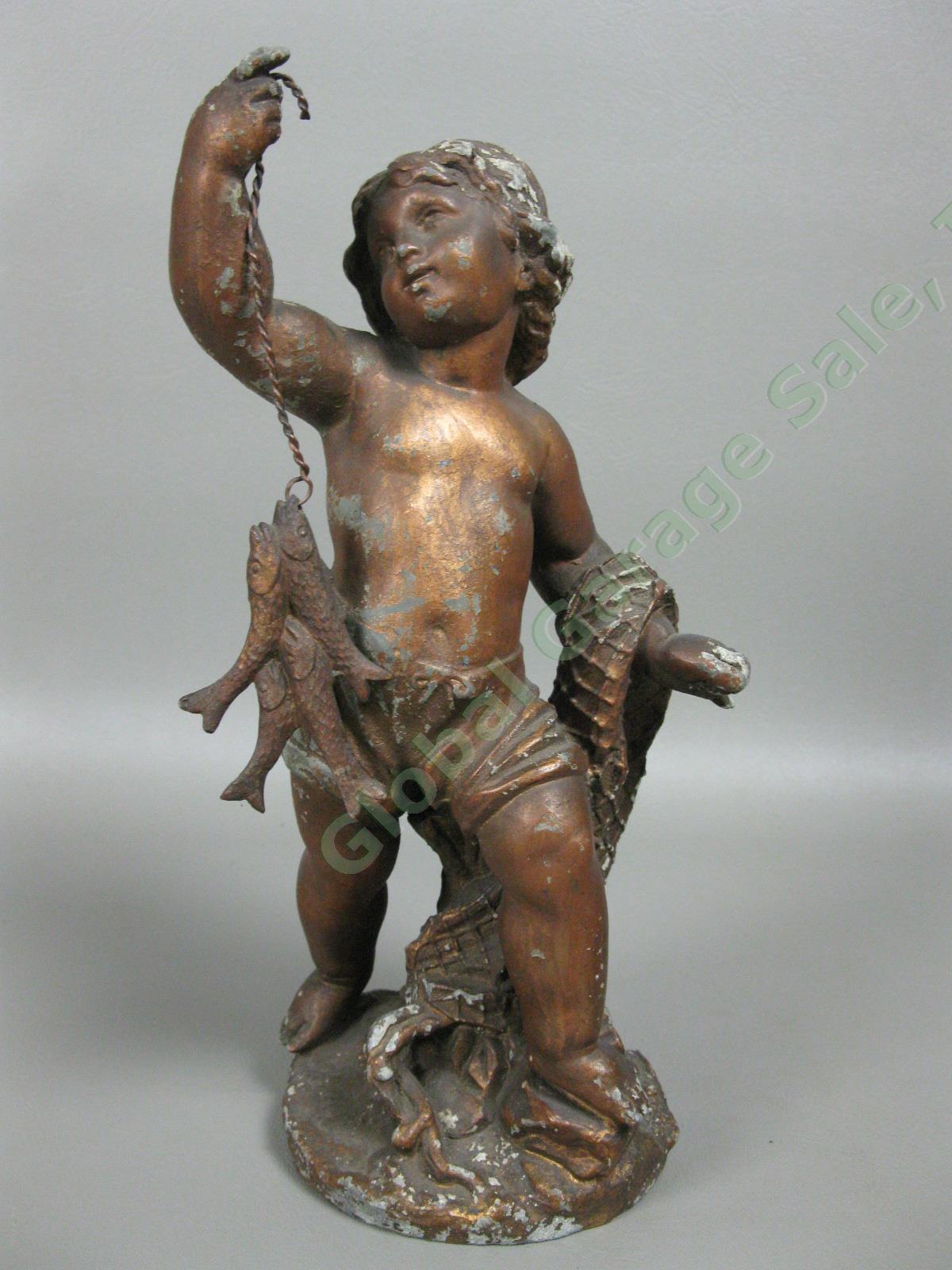 Italian Cherub Putti 9.5" Statue Figurine Pair Fishing Hunting Copper Painted NR 4