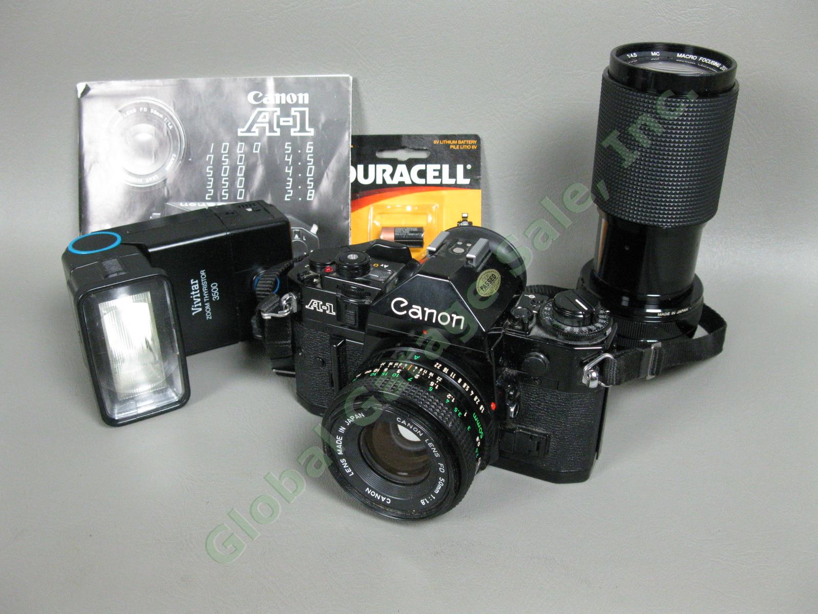 Canon A-1 Camera 35mm Film SLR F1.8 Lens 50mm & 70-210mm Zoom Lens Vivitar Flash