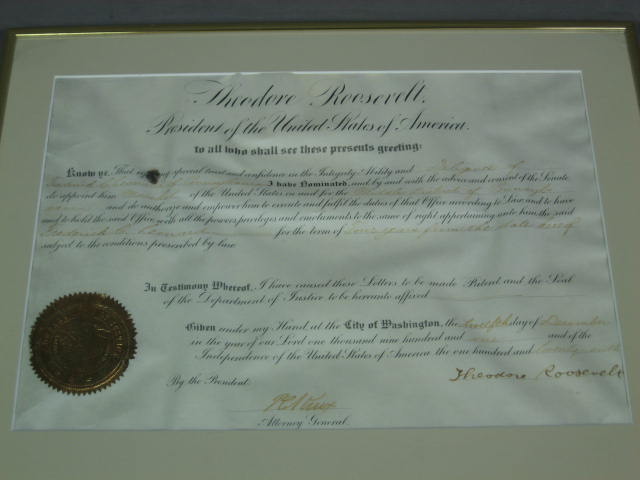 President Theodore Teddy Roosevelt Signed Appointment 1