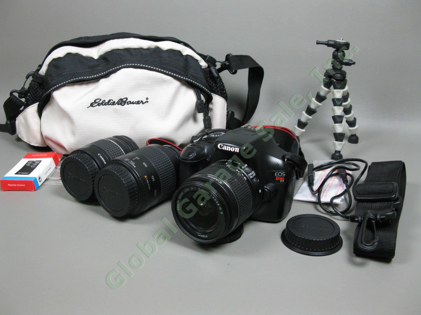 Canon EOS Rebel T3 SLR Camera Lot 80/200mm Lens Portable Tripod Eddie Bauer Bag