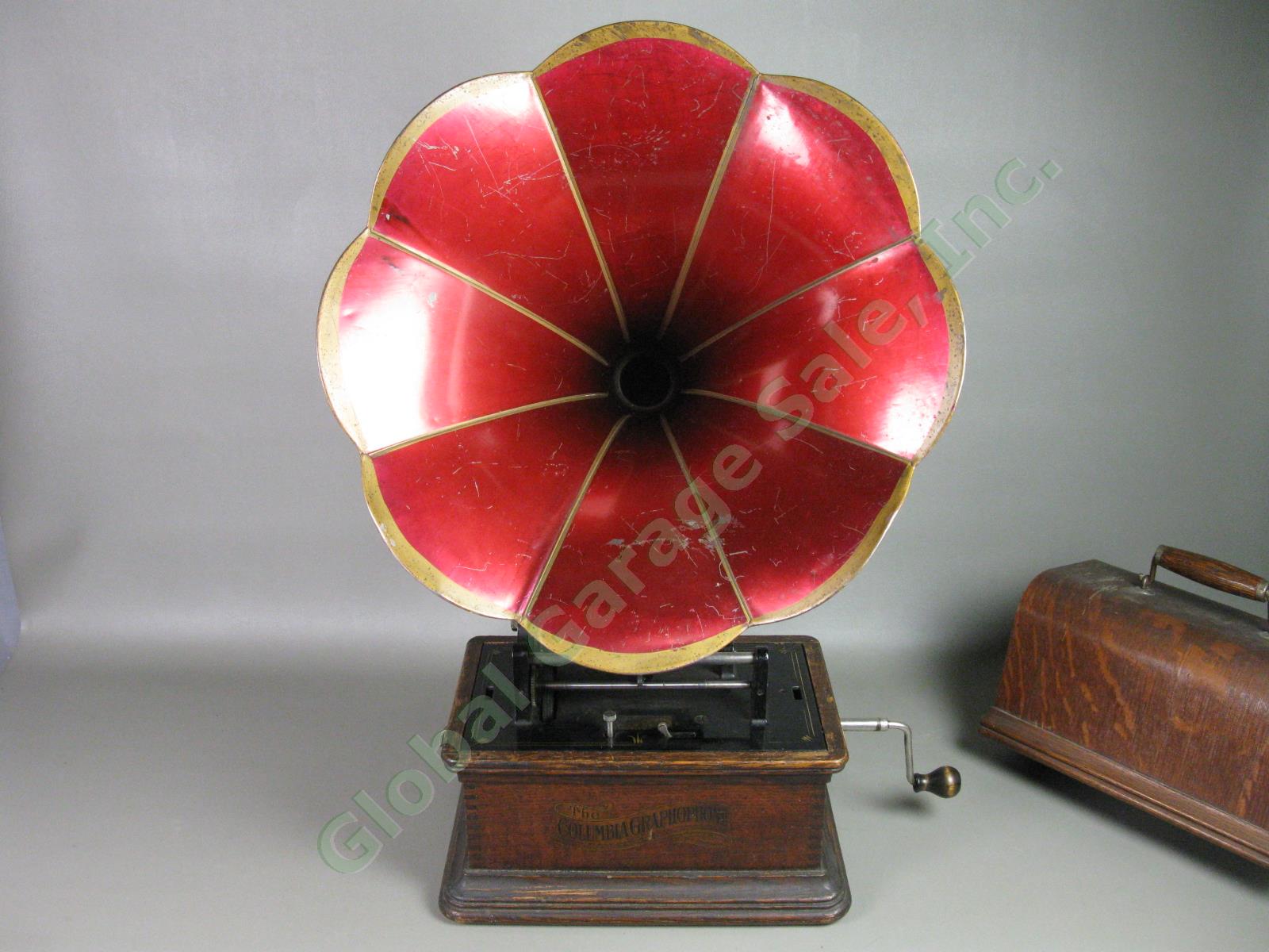 Antique Columbia BQ Gramophone Cylinder Phonograph w/Red Flower Horn Working! 4