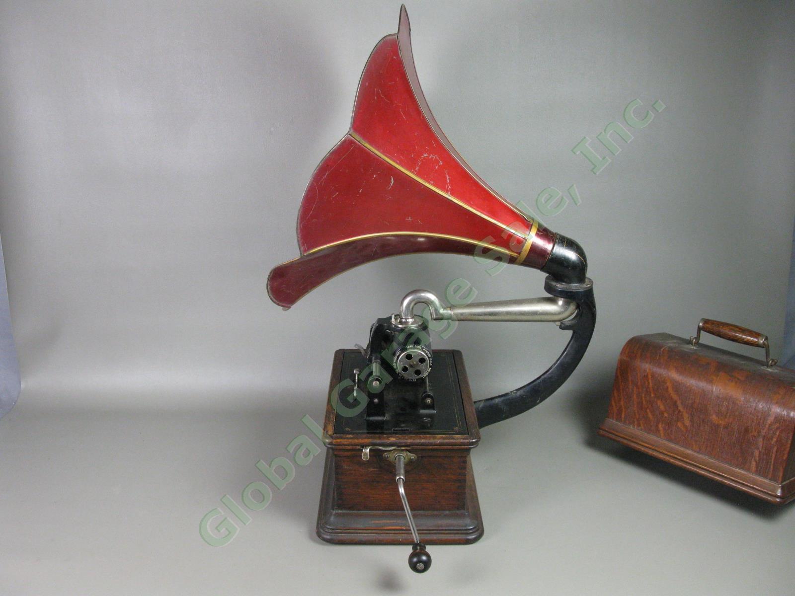 Antique Columbia BQ Gramophone Cylinder Phonograph w/Red Flower Horn Working! 5